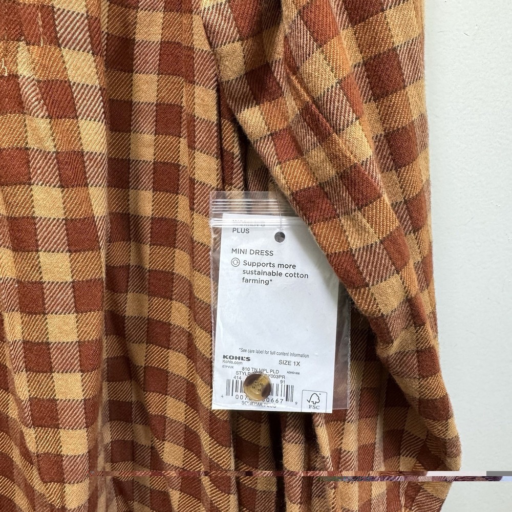 Womens Maple Plaid Pintuck Dress Long Sleeve Tunic Split Y-Neck Pockets 1X Rust - Picture 4 of 8